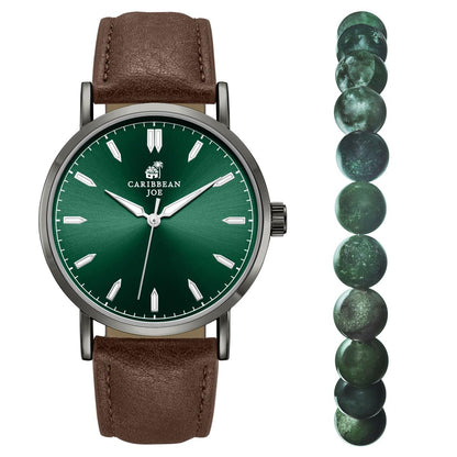 CARIBBEAN JOE Men’s Watch & Moss Agate Beaded Bracelet Set – 41mm Light Gun Metal Case, Green Sunray Dial, Luminous Silver-Tone Markers, Brown PU Strap, 8mm Natural Stone 8” Bracelet