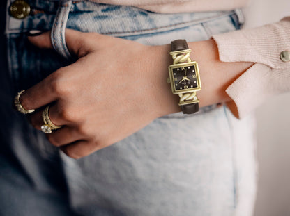 Jessica Simpson Women’s Square Gold Watch 23mm Black Dial PU Strap