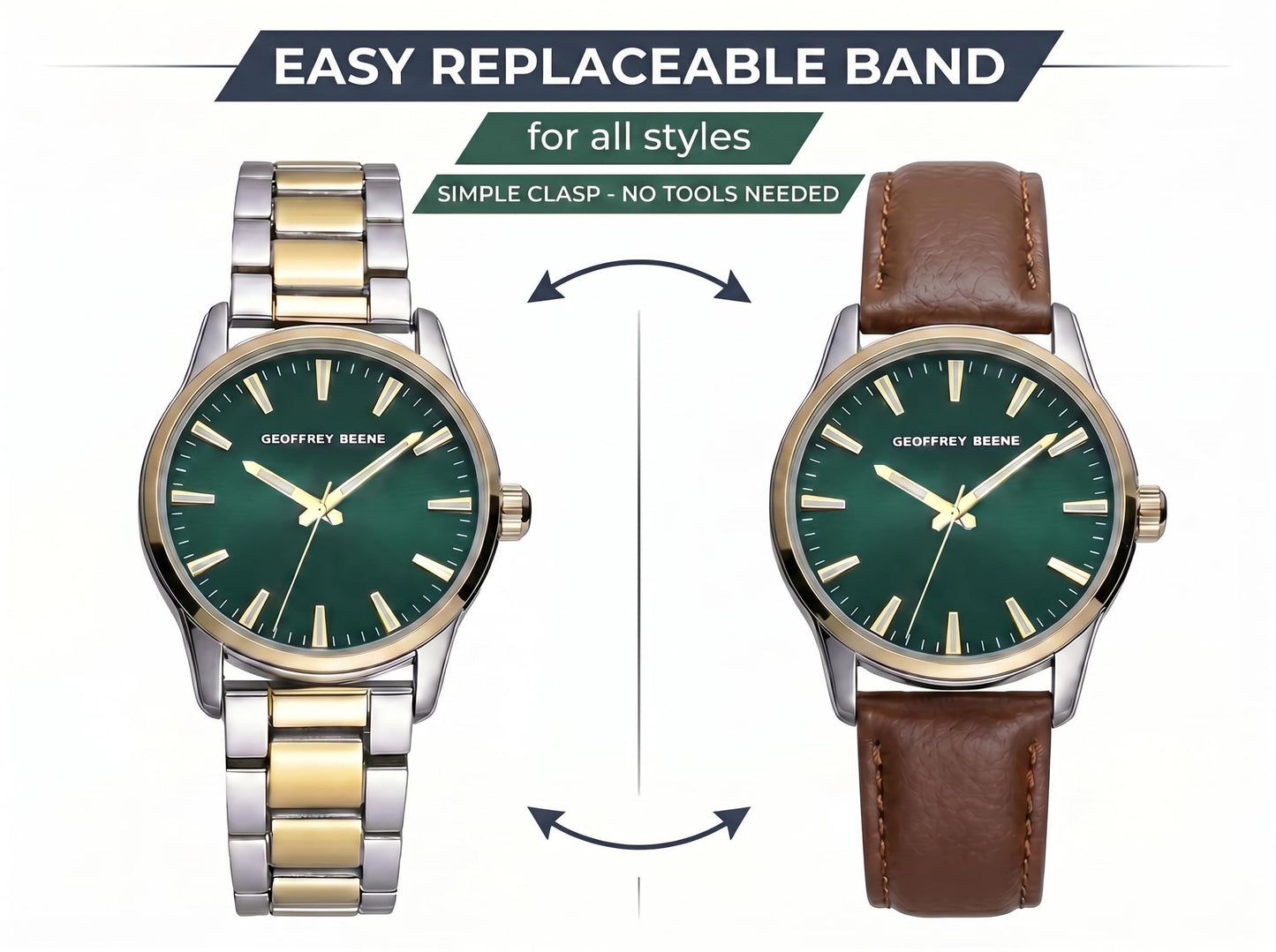 Geoffrey Beene Men’s Watch Set Round Two Tone 42mm Green Sunray Dial Strap & Bracelet