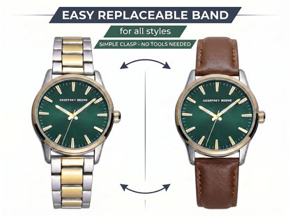 Geoffrey Beene Men’s Watch Set Round Two Tone 42mm Green Sunray Dial Strap & Bracelet