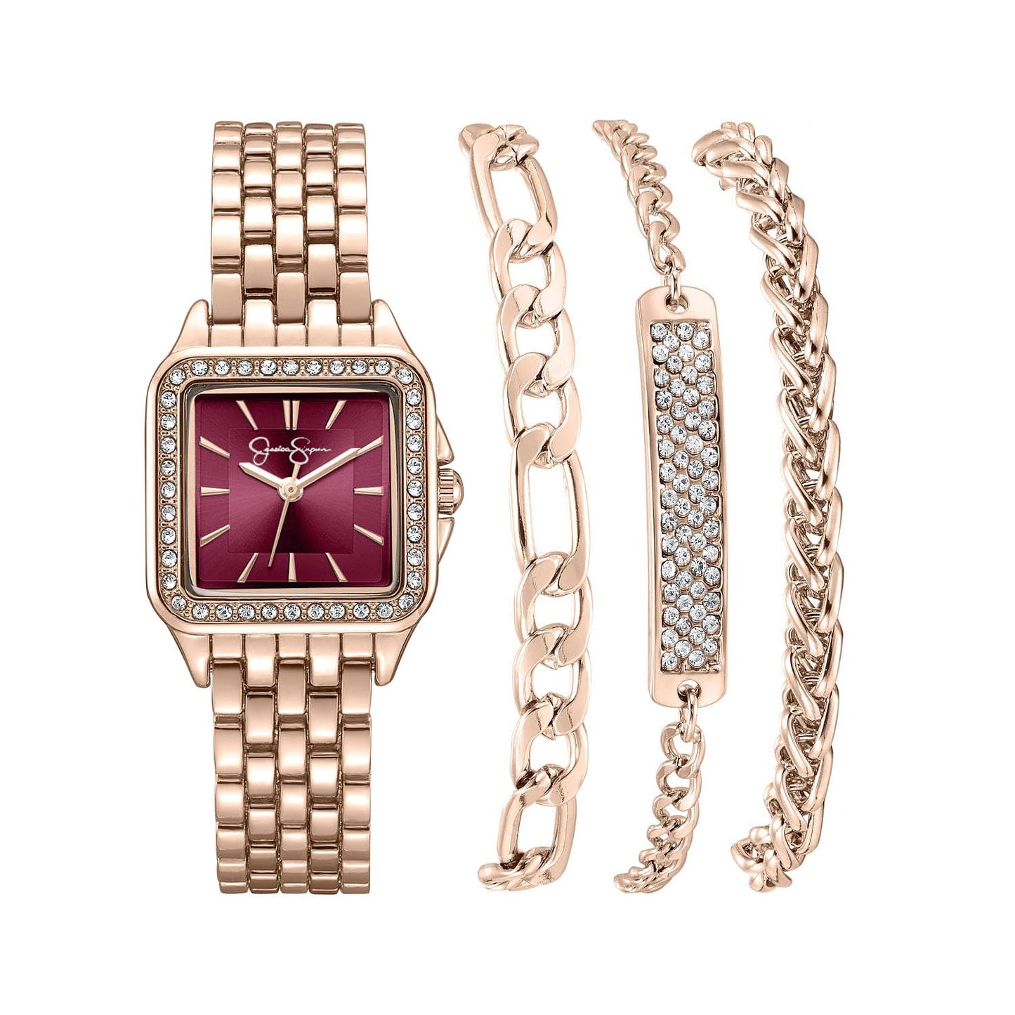 Jessica Simpson Women’s Watch Set Rose Gold Cushion 25mm Burgundy Dial Bracelet Set