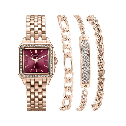 Jessica Simpson Women’s Watch Set Rose Gold Cushion 25mm Burgundy Dial Bracelet Set