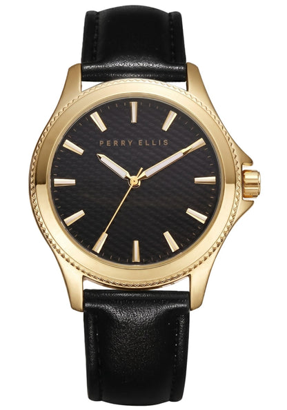 Perry Ellis Slim Mens Watch | Vegan Leather Water-Resistant Analog Wrist Watches for Men | 41mm Case | Relojes para Hombres | Elegant Gift for Man (Gold)