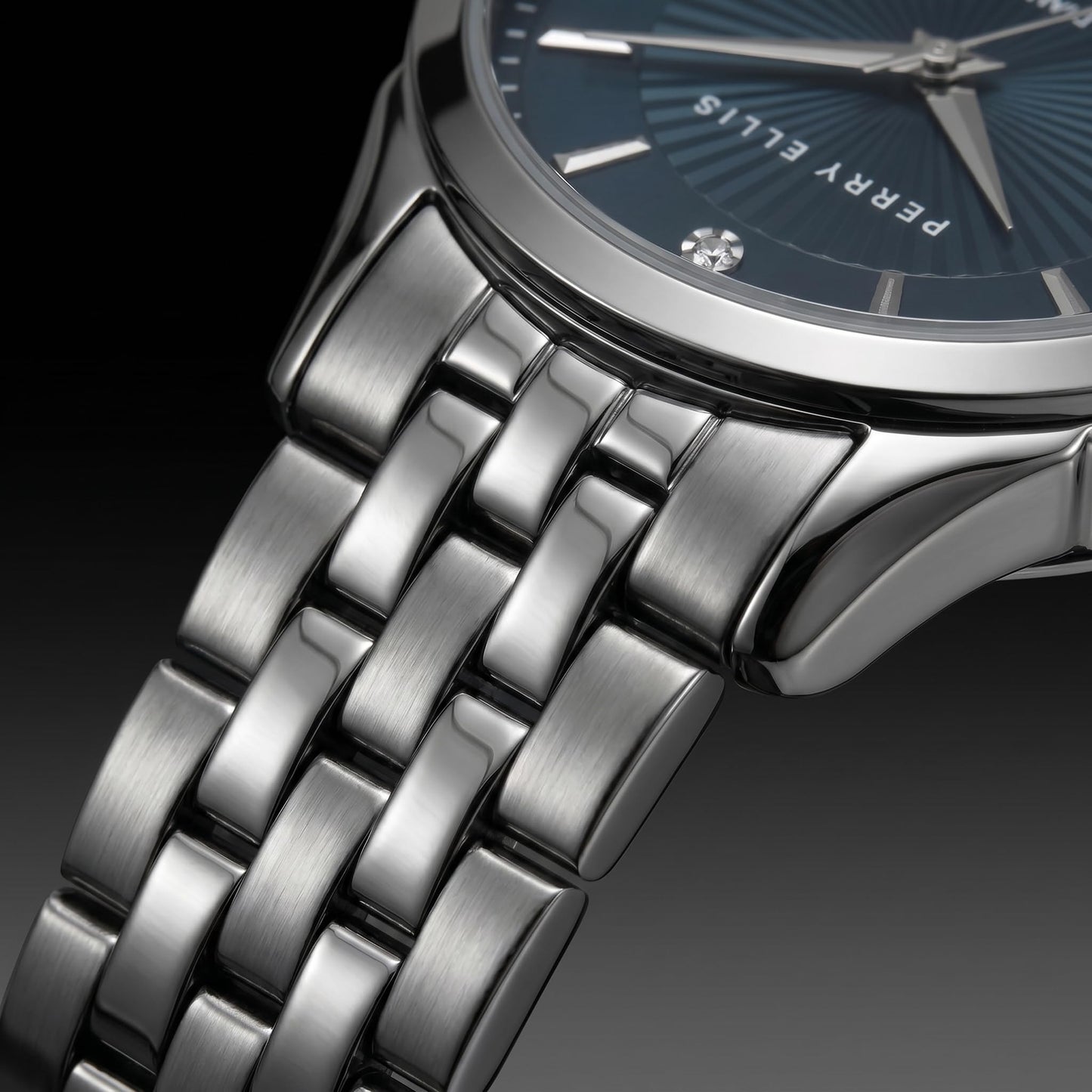 Perry Ellis Ultra Slim Men’s Round Gunmetal Watch 41mm Blue Textured Dial Bracelet Diamond Accent