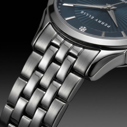 Perry Ellis Ultra Slim Men’s Round Gunmetal Watch 41mm Blue Textured Dial Bracelet Diamond Accent