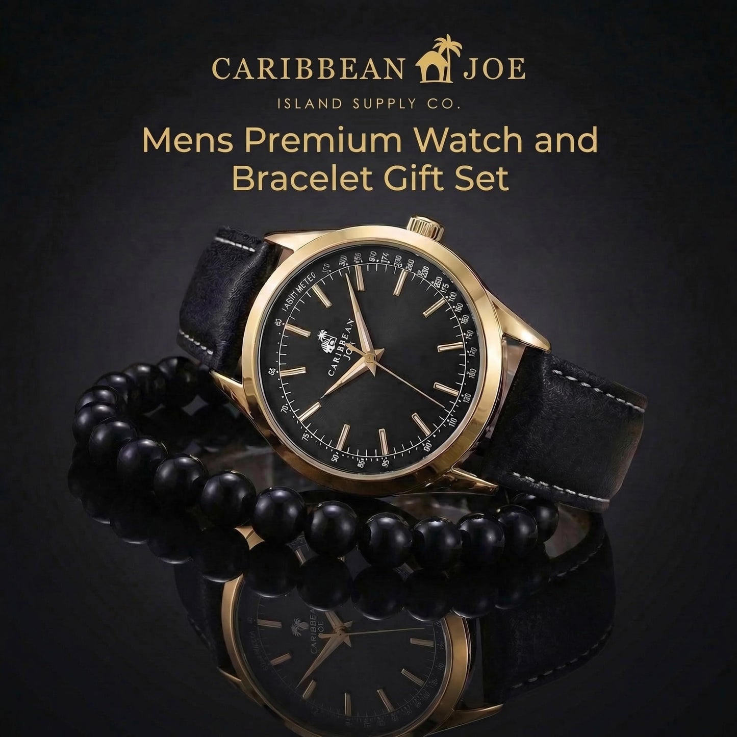 CARIBBEAN JOE Men’s Watch & Onyx Beaded Bracelet Set – 41mm Gold-Tone Case, Black Sunray Dial, Luminous Gold-Tone Bar Markers, Black PU Strap, 8mm Natural Stone 8” Bracelet