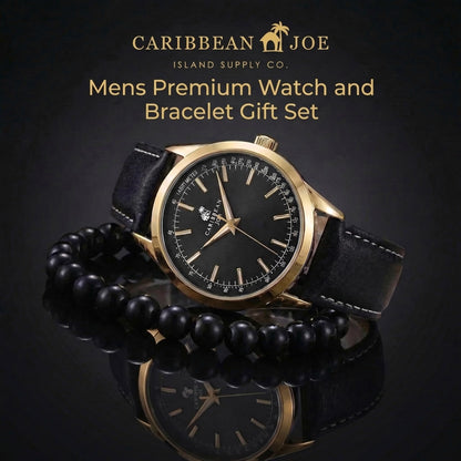 CARIBBEAN JOE Men’s Watch & Onyx Beaded Bracelet Set – 41mm Gold-Tone Case, Black Sunray Dial, Luminous Gold-Tone Bar Markers, Black PU Strap, 8mm Natural Stone 8” Bracelet