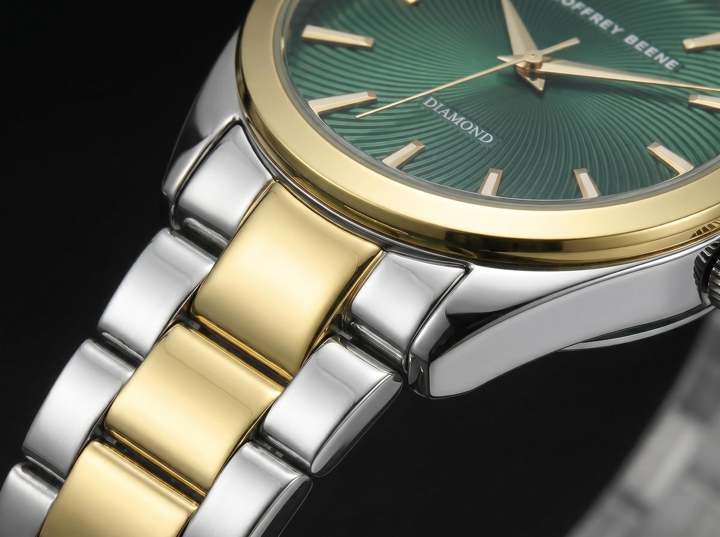 Geoffrey Beene Men’s Round Two Tone Watch 41mm Green Textured Dial Bracelet Diamond Accent