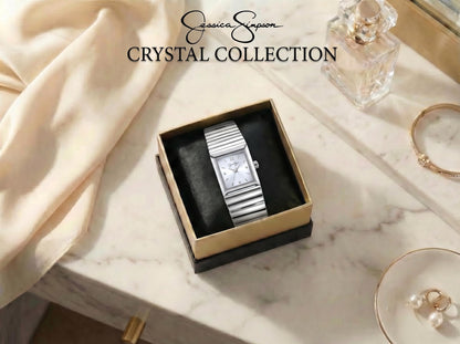 Jessica Simpson Women’s Rectangular Silver Watch 20mm Silver Sunray Dial Crystal Dial