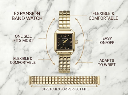 ELLEN TRACY Women's 33mm Square Goldtone Watch, Black Dial, Expansion Band