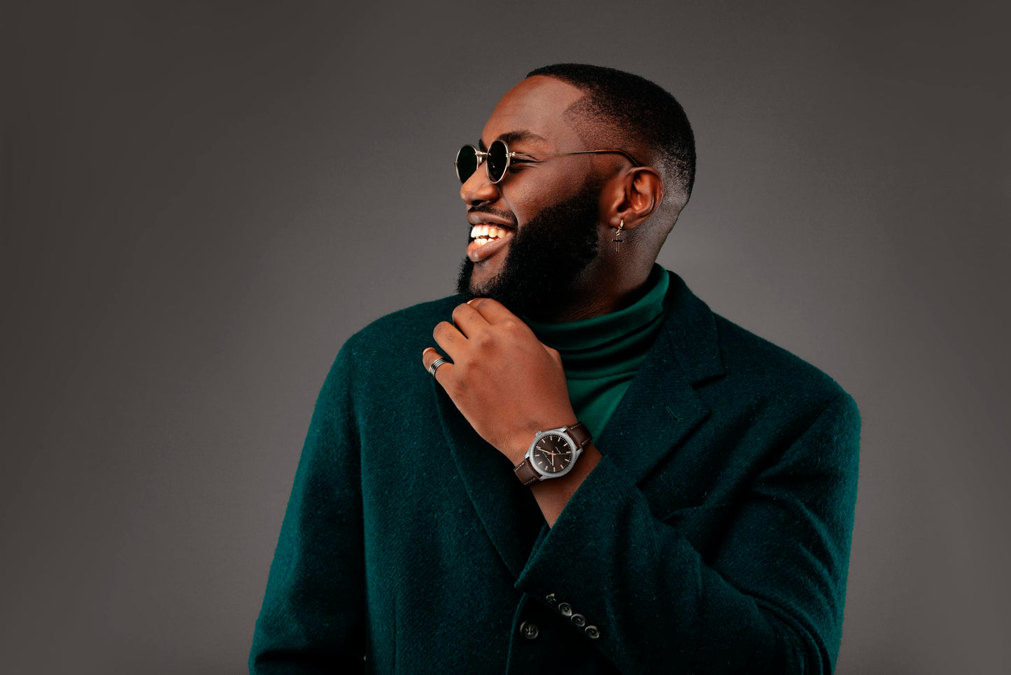 Perry Ellis Men's Solar Watch – Round Silver-Tone, Dark Brown Sunray Dial with Rose Gold Luminous Hands, Adjustable Brown Leather Strap, Water Resistant 3ATM, Quartz Analog Fashion Accessory