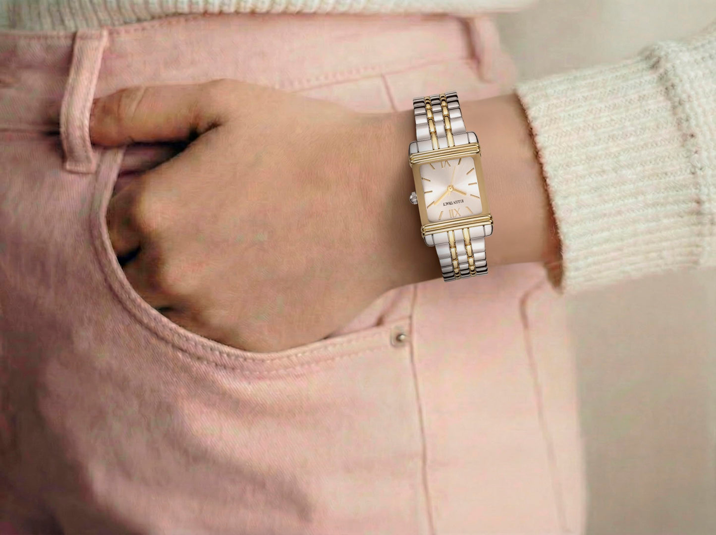 ELLEN TRACY Women's 22mm Rectangle Two Tone Silver/Gold Watch, Silver Dial, Bracelet Band