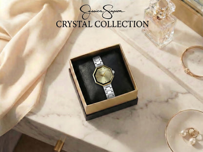 Jessica Simpson Women’s Octagon Silver Watch 24mm Champagne Sunray Dial Crystal Accents