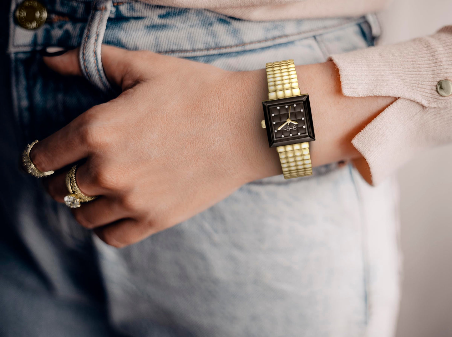 Jessica Simpson Women’s Square Gold Watch 24mm Black Textured Dial Crystal Accents
