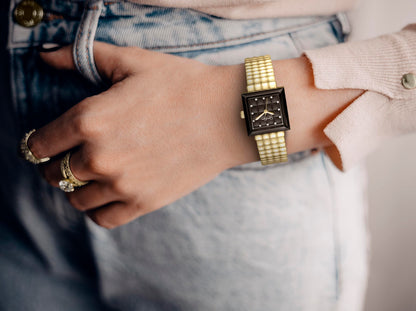 Jessica Simpson Women’s Square Gold Watch 24mm Black Textured Dial Crystal Accents