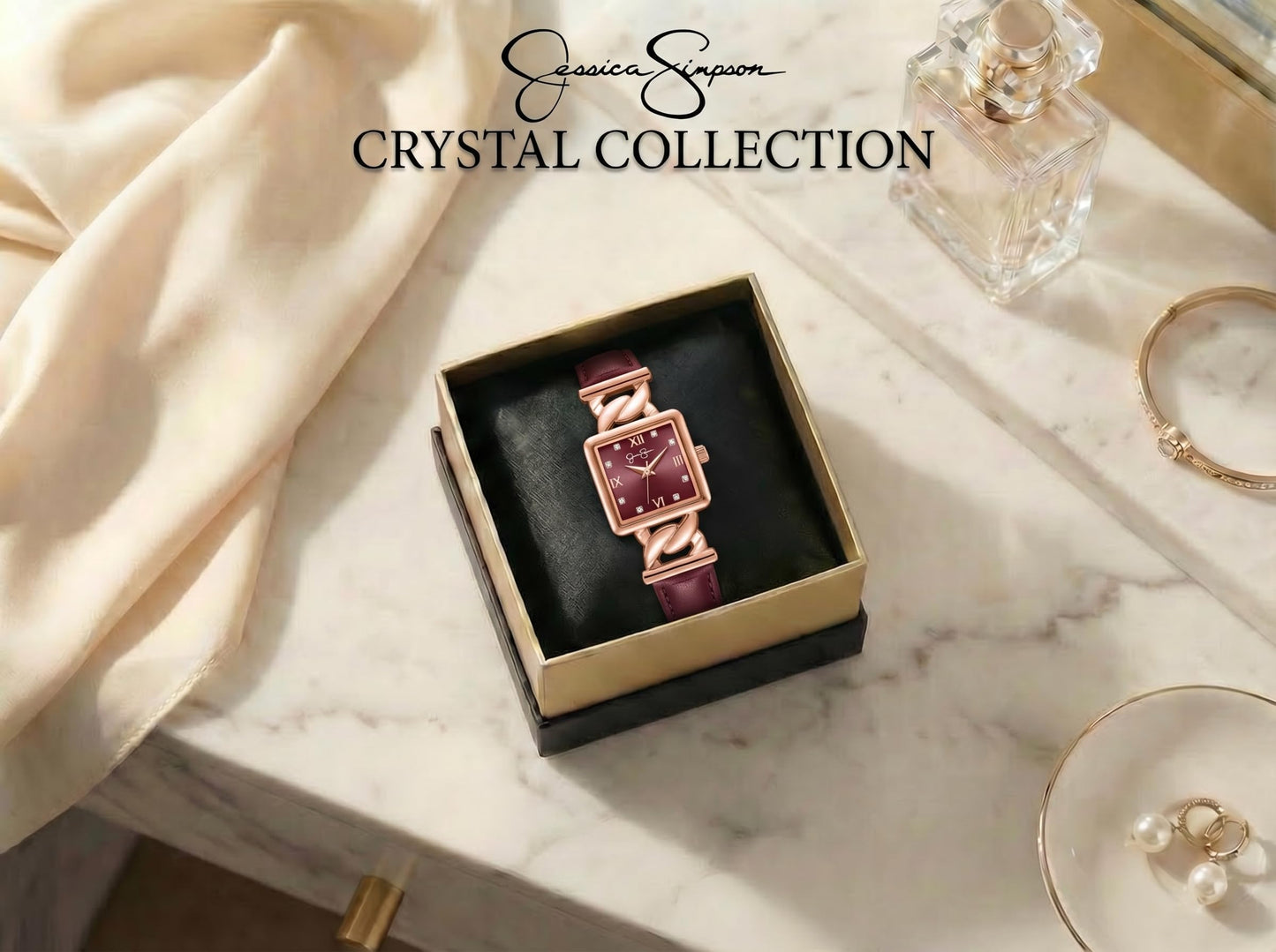 Jessica Simpson Women’s Square Rose Gold Watch 23mm Burgundy Dial PU Strap