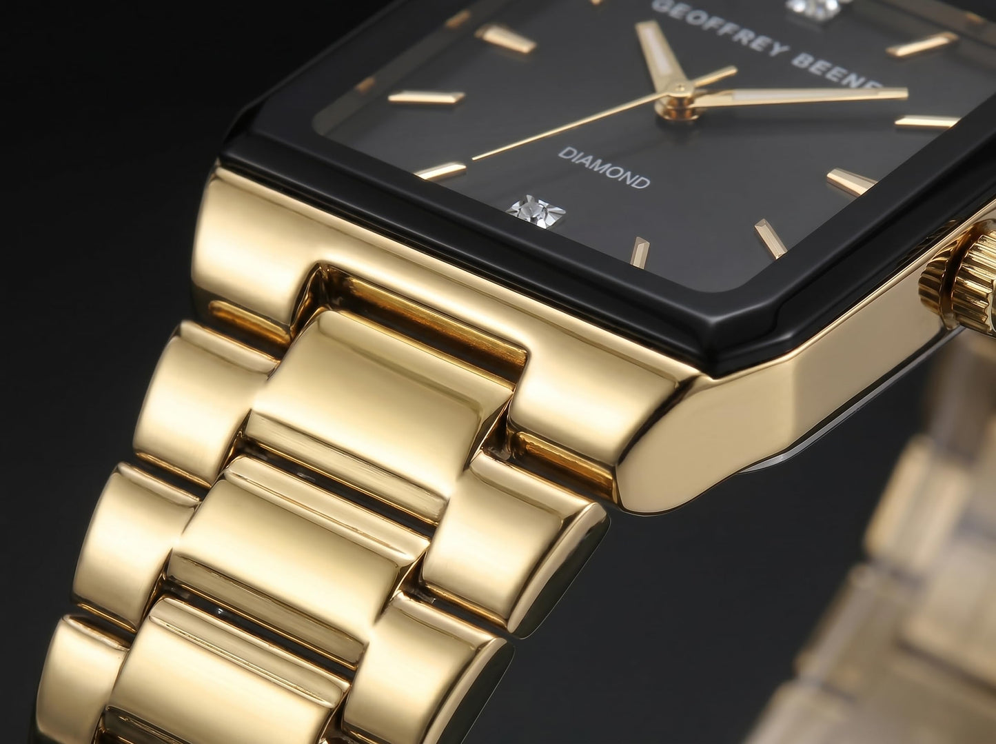 Geoffrey Beene Men’s Square Gold Watch 33mm Black Sunray Dial Bracelet Diamond Accent
