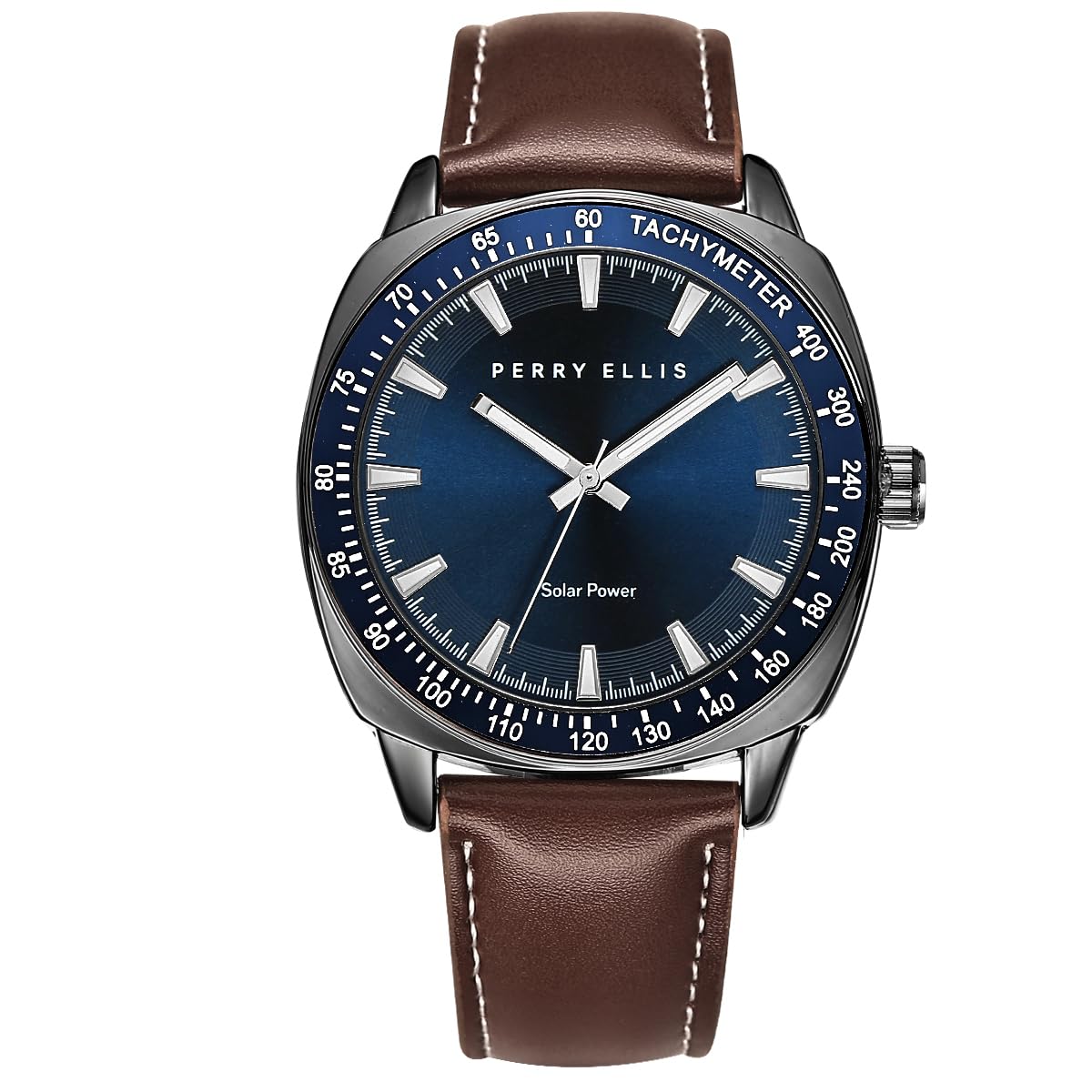 Perry Ellis Solar Powered Men's Watch – Vegan Leather Analog Wrist Watch for Men, Water-Resistant 43mm with Aluminum Tachymeter Bezel, Elegant Gift Choice