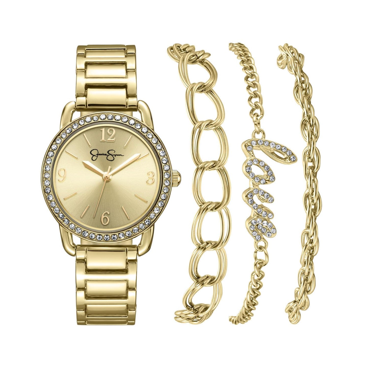 Jessica Simpson Women’s Watch Set Gold 32mm Champagne Dial Bracelet Set
