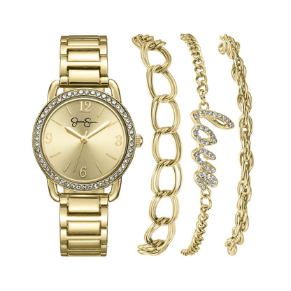 Jessica Simpson Women’s Watch Set Gold 32mm Champagne Dial Bracelet Set