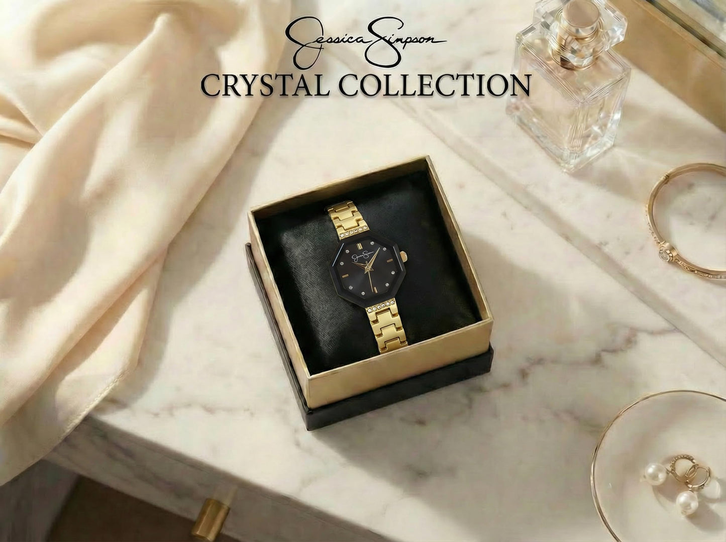 Jessica Simpson Women’s Octagon Gold Watch 24mm Black Sunray Dial Crystal Accents