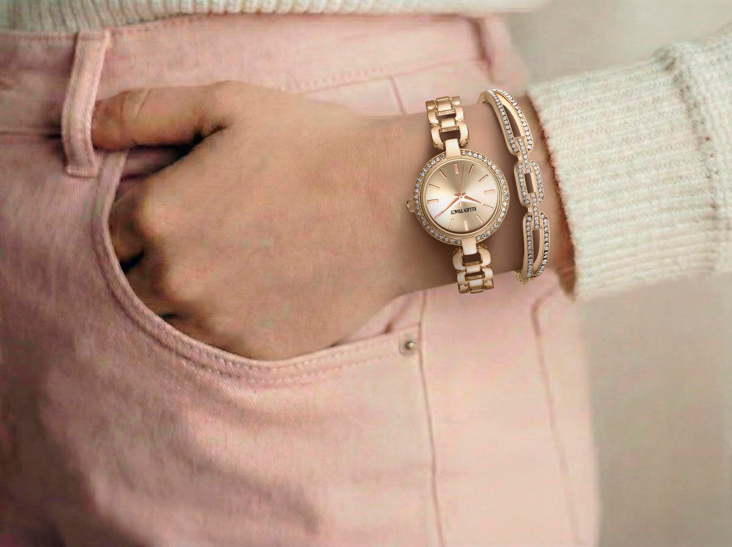 ELLEN TRACY Women's 28mm Round Rose Goldtone Watch and Bangle Gift Set, Rose Gold Dial, Crystal Accents