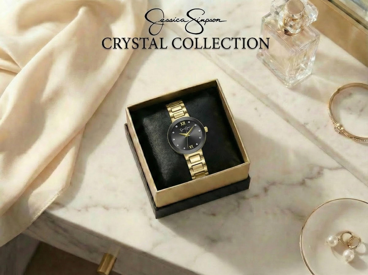 Jessica Simpson Women’s Round Gold Watch 28mm Black Sunray Dial