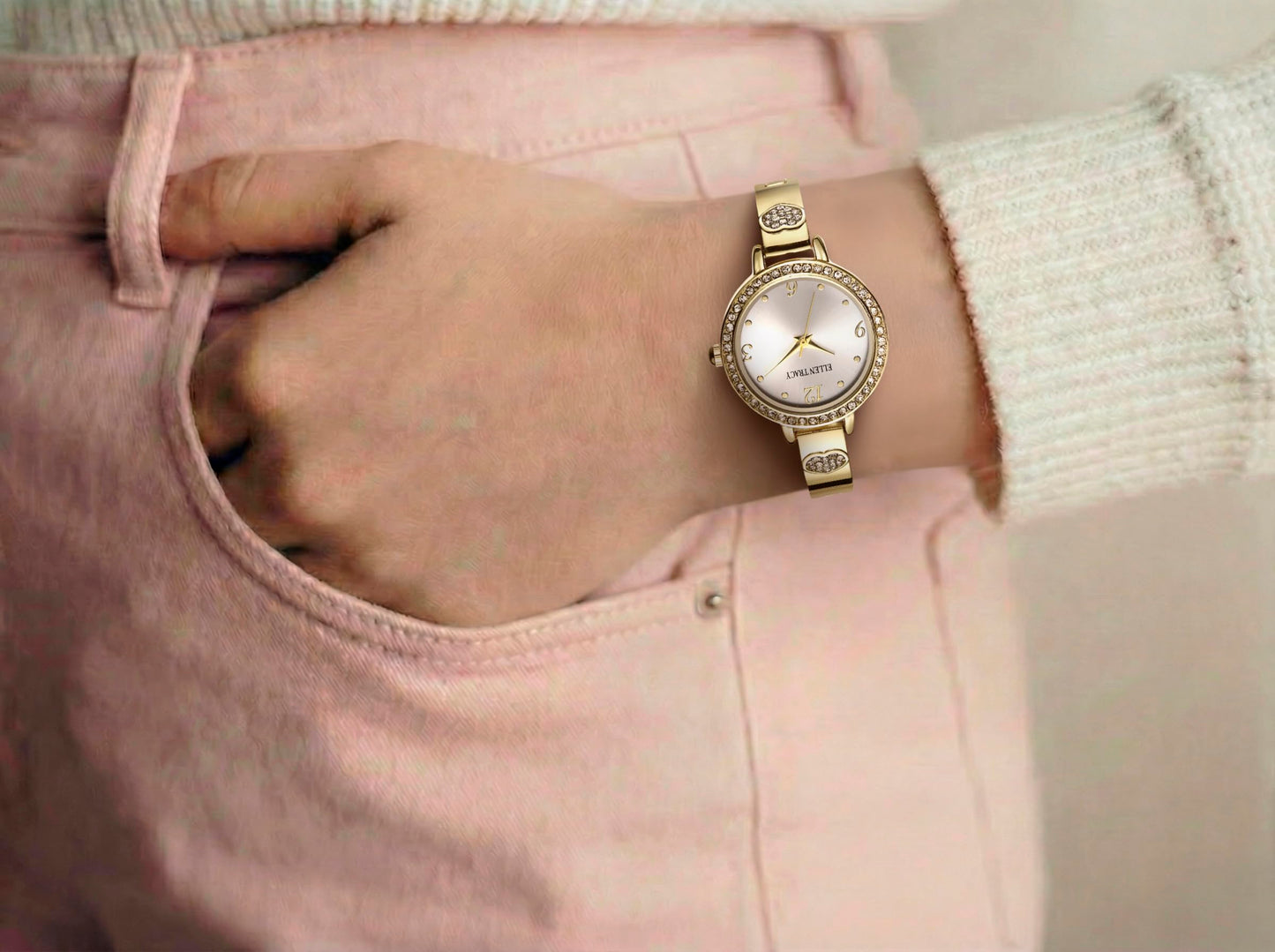 ELLEN TRACY Women's 28mm Round Goldtone Watch, Silver Dial, Crystal Accents, Bangle Band