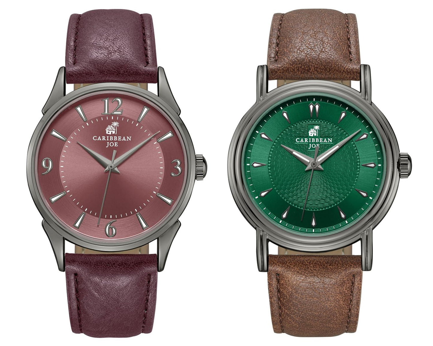 CARIBBEAN JOE Men’s Watch Set, 41mm + 40mm Light Gunmetal Cases, Green & Burgundy Sunray Dials, Luminous Indexes, PU Straps