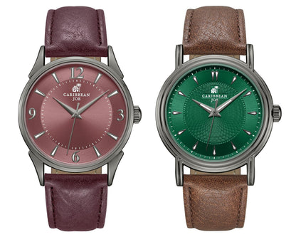 CARIBBEAN JOE Men’s Watch Set, 41mm + 40mm Light Gunmetal Cases, Green & Burgundy Sunray Dials, Luminous Indexes, PU Straps