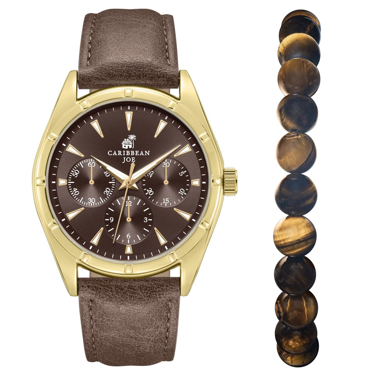 Caribbean Joe Men’s Watch & Yellow Tiger Eye Beaded Bracelet Set – 42mm Gold-Tone Case, Brown Sunray Dial with Faux Subdials, Luminous Gold-Tone Markers, Dark Brown PU Strap, 8mm Natural Stone 8” Bracelet