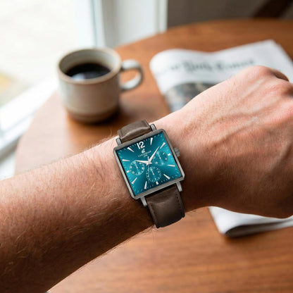 CARIBBEAN JOE Men’s Watch, 38mm Cushion Case, Light Gunmetal, Teal Green Sunray Dial, Decorative Dial Markers, Dark Brown PU Strap