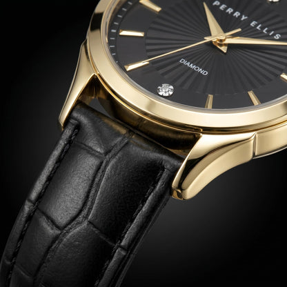 Perry Ellis Ultra Slim Men’s Round Gold Watch 41mm Black Textured Dial PU Strap Diamond Accent