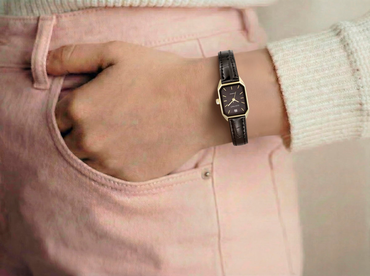 ELLEN TRACY Women's 20mm Round Goldtone Watch, Black Dial, Diamond Accent, Leather Band