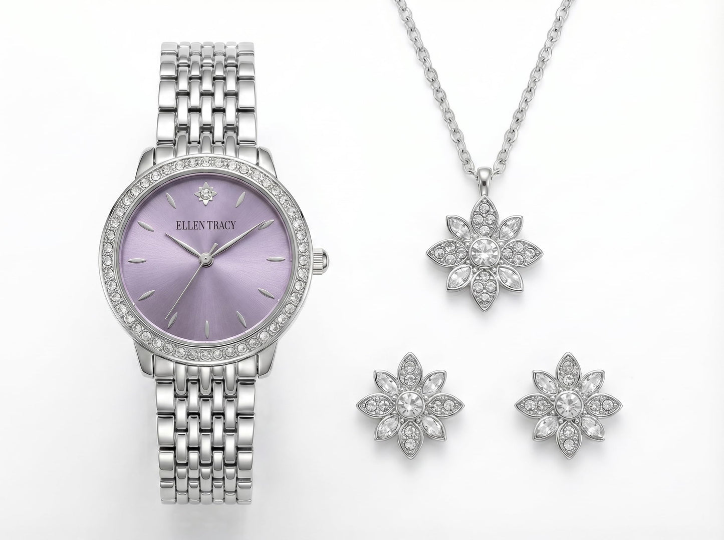 ELLEN TRACY Women's 25mm Round Silvertone Watch and Jewelry Gift Set, Lavender Dial, Crystal Accents
