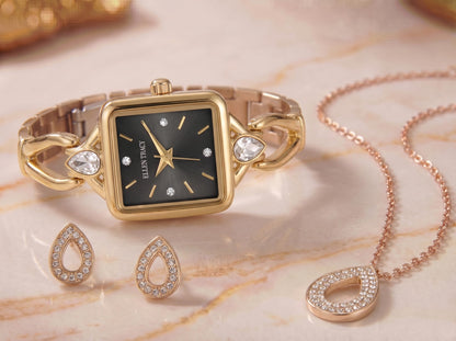 ELLEN TRACY Women's 20mm Rectangle Goldtone Watch and Jewelry Gift Set, Black Dial, Crystal Accents