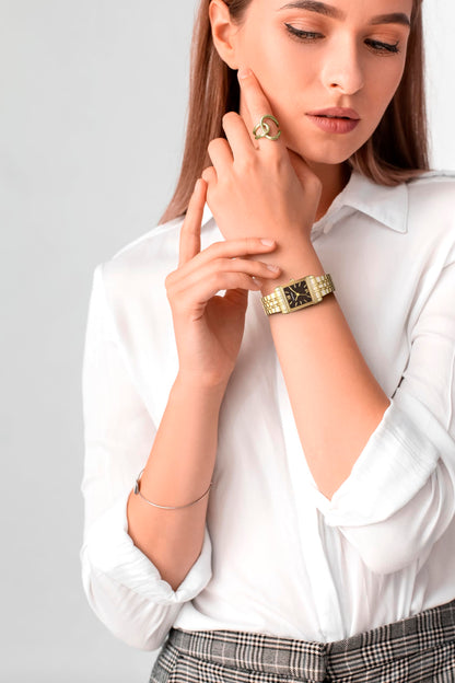 ELLEN TRACY Women's 22mm Rectangle Goldtone Watch, Black Dial, Bracelet Band