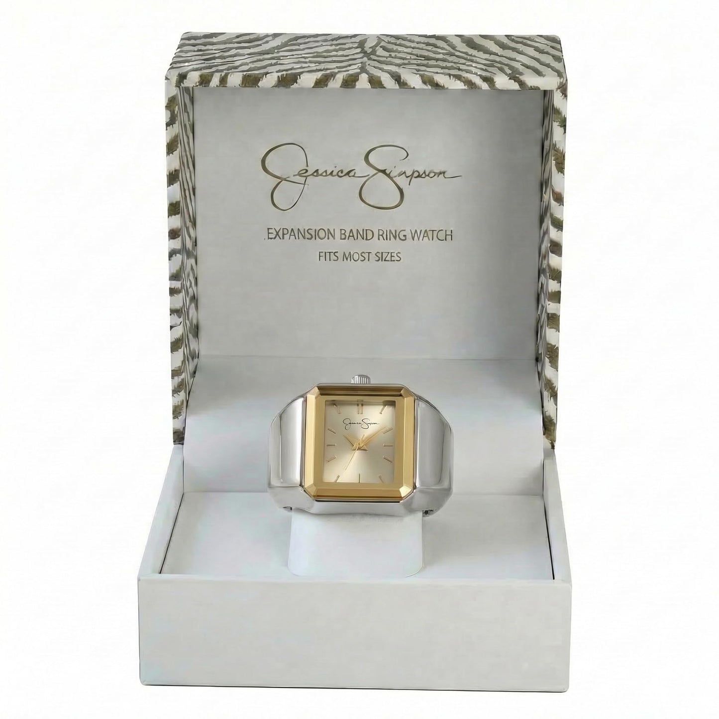 Jessica Simpson Women's Gold Ring Watch – Rectangular Black Sunray Dial, Crystal Accents, Stretch Expansion Band, Quartz Analog Fashion Accessory