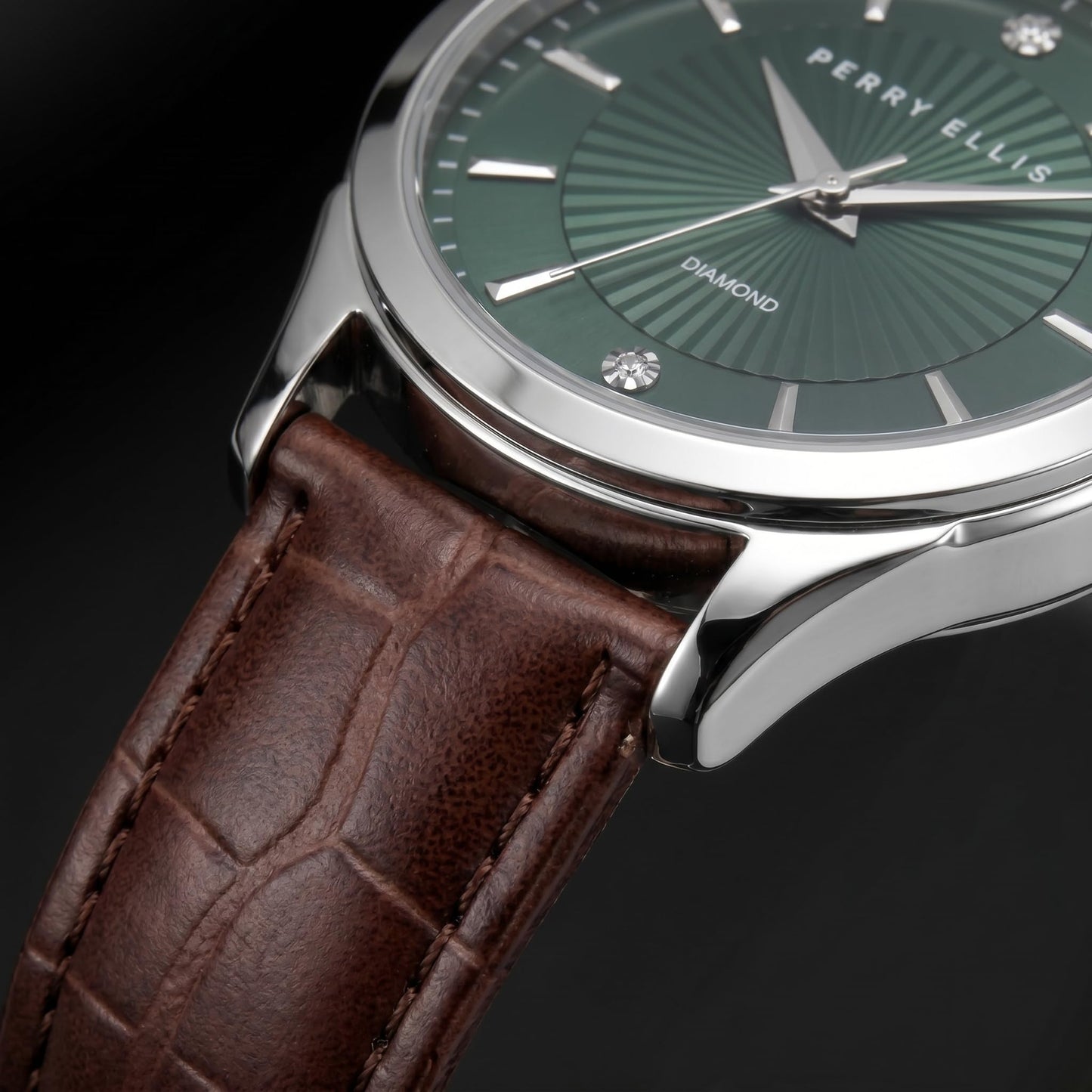 Perry Ellis Ultra Slim Men’s Round Silver Watch 41mm Green Textured Dial PU Strap Diamond Accent