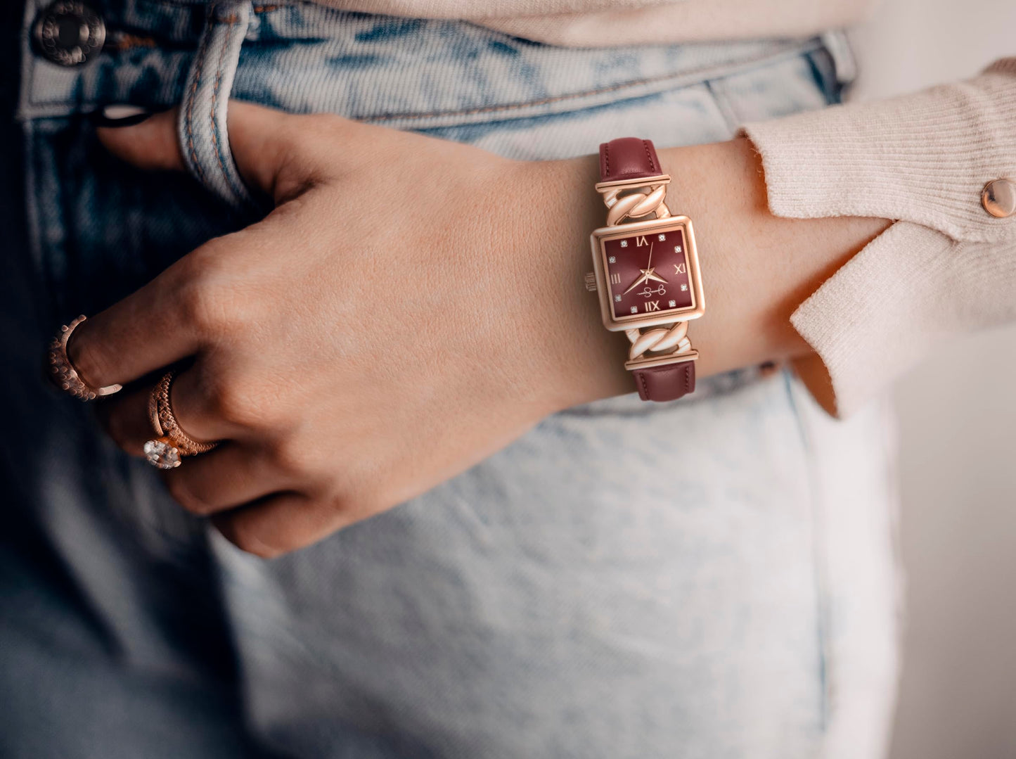 Jessica Simpson Women’s Square Rose Gold Watch 23mm Burgundy Dial PU Strap