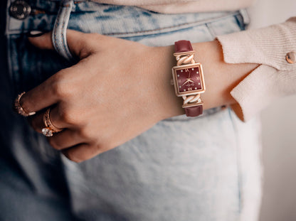 Jessica Simpson Women’s Square Rose Gold Watch 23mm Burgundy Dial PU Strap
