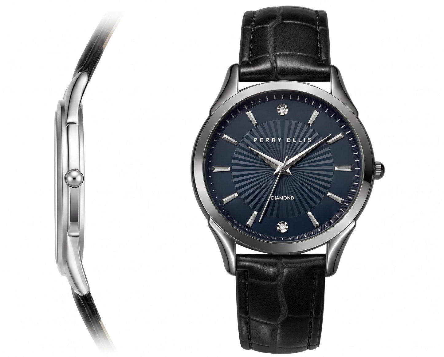 Perry Ellis Ultra Slim Men’s Round Gunmetal Watch 41mm Blue Textured Dial PU Strap Diamond Accent
