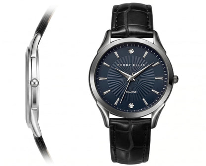 Perry Ellis Ultra Slim Men’s Round Gunmetal Watch 41mm Blue Textured Dial PU Strap Diamond Accent