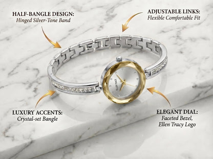 ELLEN TRACY Women's 23mm Round Two Tone Silver/Gold Watch, Silver Dial, Crystal Accents, Half Bangle Band