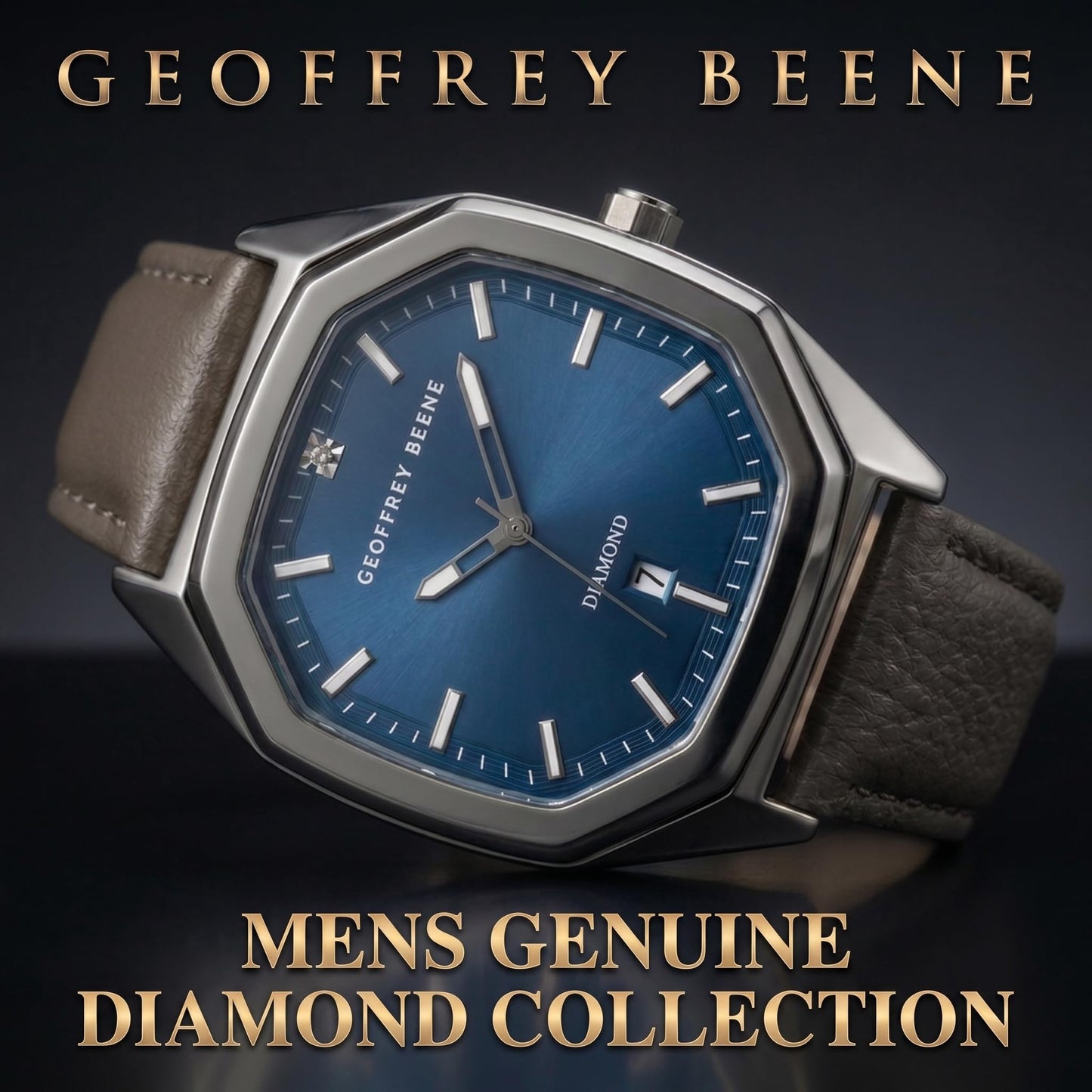 Geoffrey Beene Men’s Octagon Gunmetal Watch 41mm Blue Sunray Dial PU Strap Diamond Accent