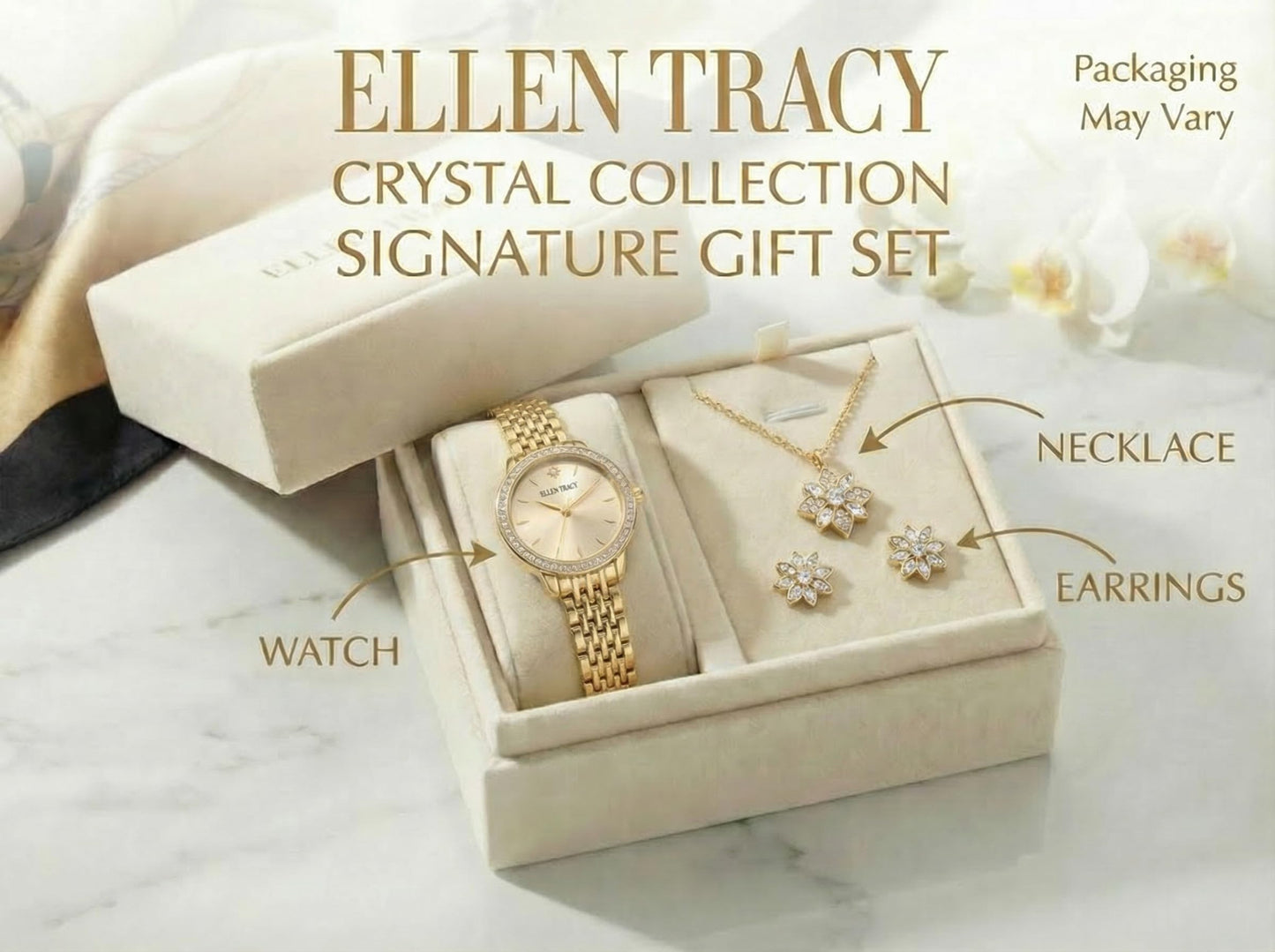 ELLEN TRACY Women's 25mm Round Goldtone Watch and Jewelry Gift Set, Champagne Dial, Crystal Accents