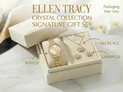 ELLEN TRACY Women's 25mm Round Goldtone Watch and Jewelry Gift Set, Champagne Dial, Crystal Accents