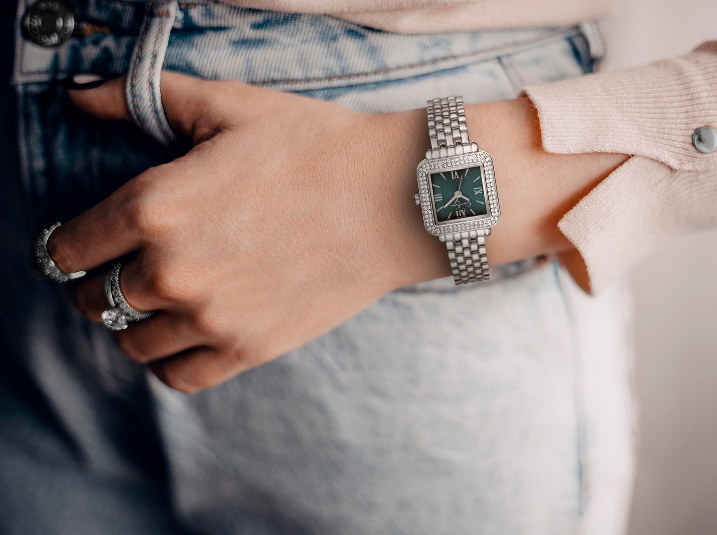 Jessica Simpson Women’s Square Silver Watch 23.5mm Teal Dial Crystal Bezel Bracelet