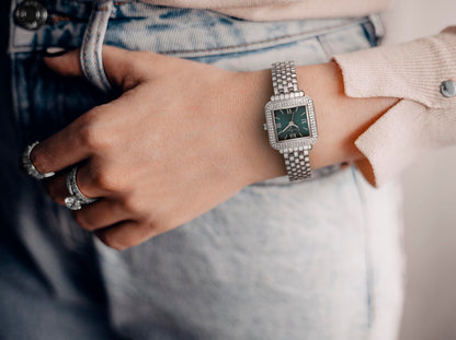 Jessica Simpson Women’s Square Silver Watch 23.5mm Teal Dial Crystal Bezel Bracelet