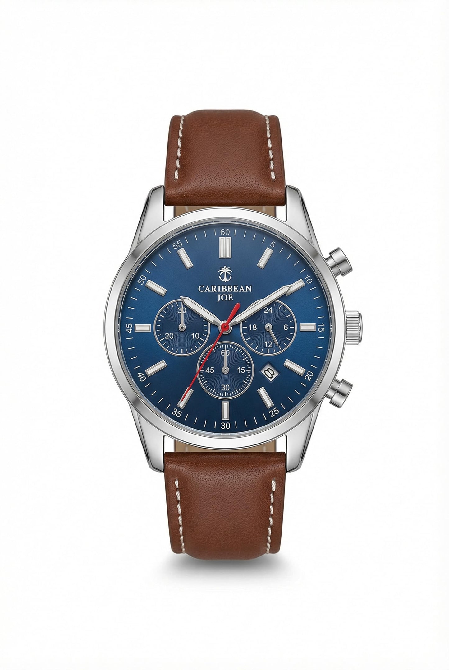CARIBBEAN JOE Men’s Analog Watch with Silver-Tone 42.5mm Case, Navy Blue Semi-Gloss Dial with Faux Subdials, Brown PU Leather Strap, Quartz Movement, Casual Fashion Watch